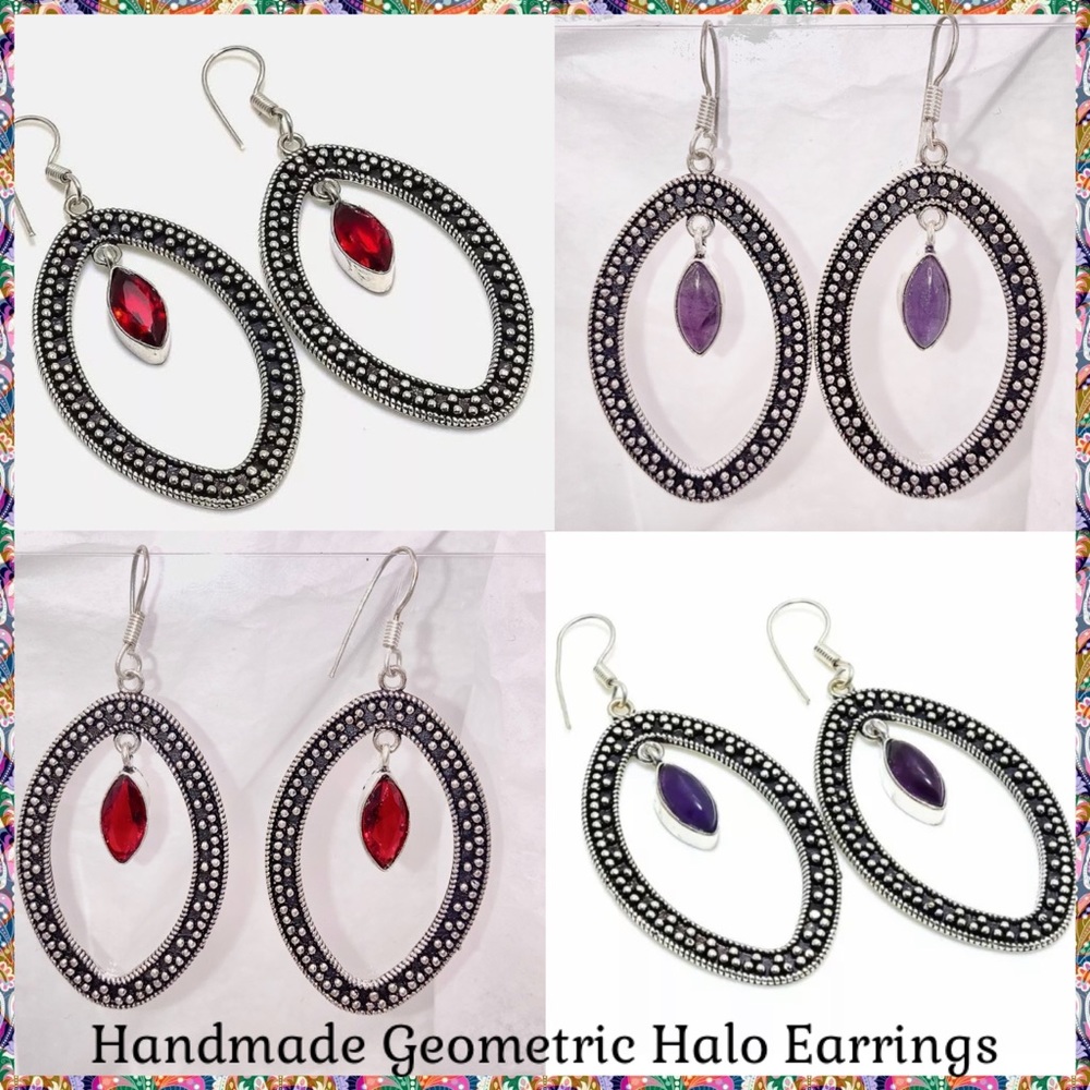 Handmade Geometric Marquise Cut Halo Earrings
